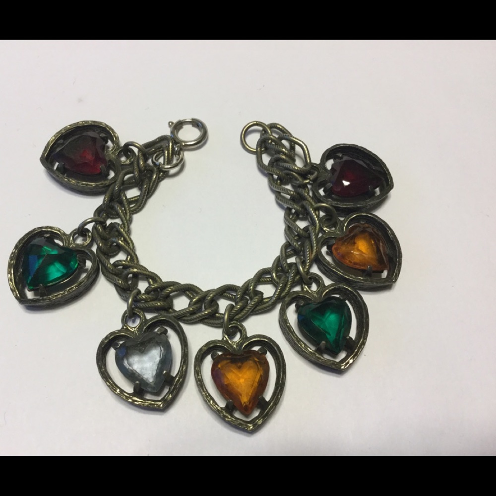 Vintage Chunky German Bracelet 7 Glass Hearts